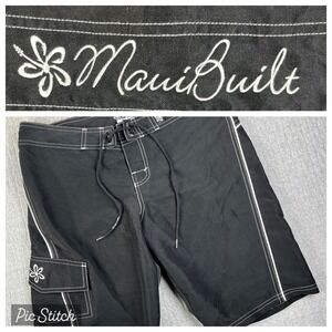 Maui Built Board Shorts Men 9 (30 Black White Hibiscus Hawaiian skater surf punk